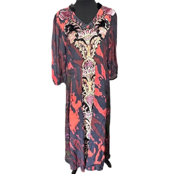 Soft Surroundings Dresses & Skirts - Soft Surroundings Velvet Applique Abstract Maxi Dress Red Black Boho V Neck 6
